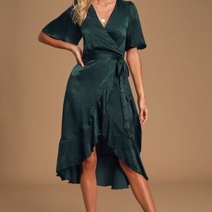 Dark Green Satin Wrap Midi Dress